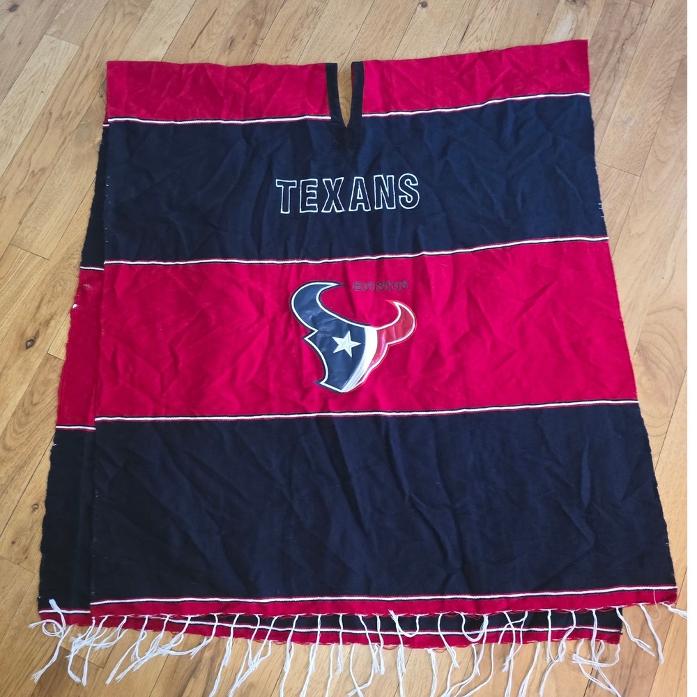 Houston Texans NFL Poncho Navy Blue Red Embroidered Logo Fringe One Size